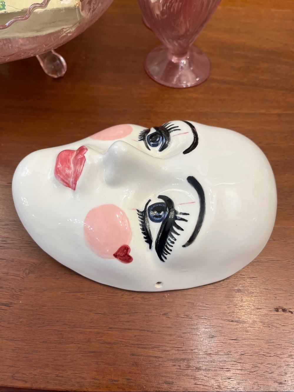 Vintage hand-painted porcelain face wall mask featuring stylized clown - Picture 4 of 7